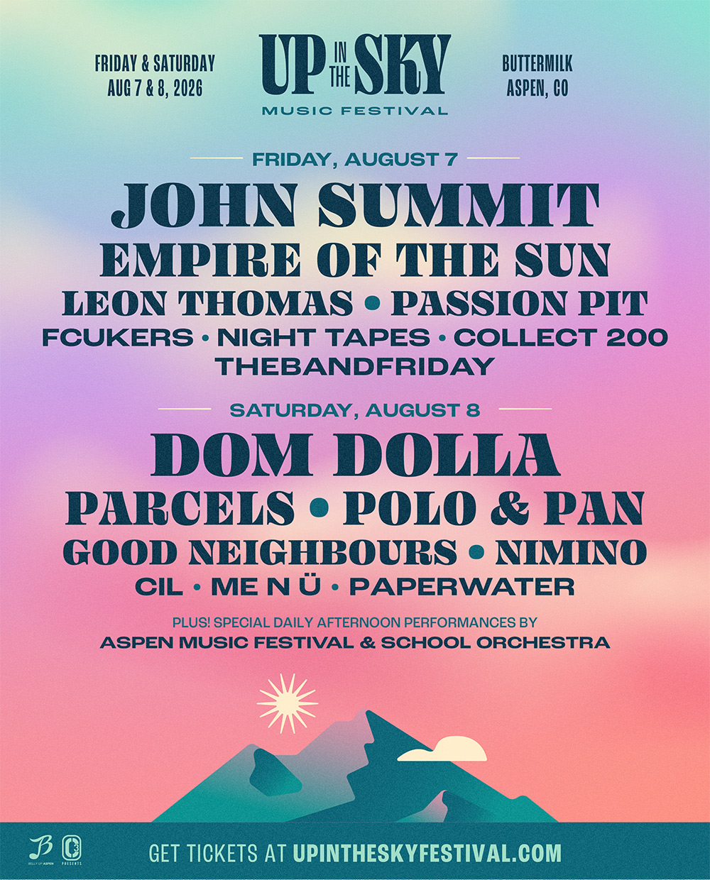 Up In The Sky Music Festival 2026 lineup poster featuring John Summit, Empire of the Sun, Dom Dolla and Parcels at Buttermilk Aspen, Colorado on August 7 and 8.